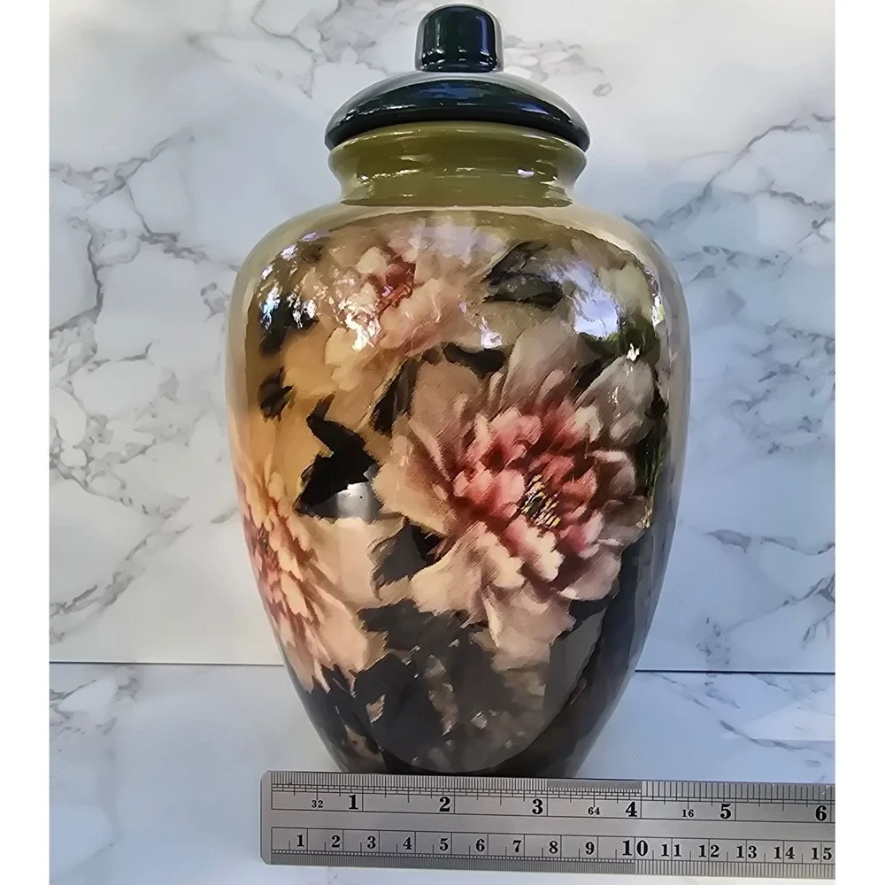 Vintage Peony  Large Floral Ceramic Ginger Jar Yellow Pink Vase Lid